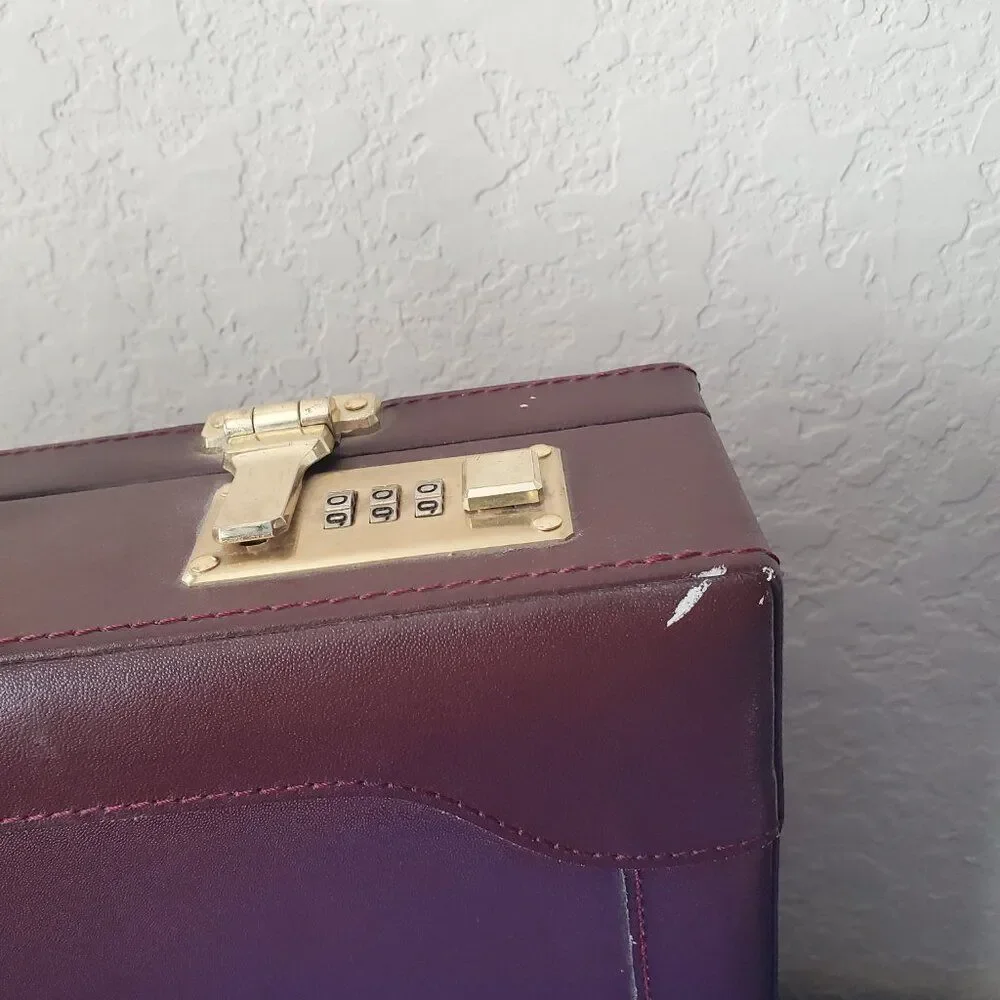 VTG Burgundy Leather Briefcase Hard Attache Case Brass Dual Combination Lock